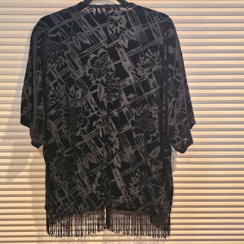 Mauve Anthropologie Black Burnout Velvet Floral Fringe Kimono Cardigan Wrap M - Picture 7 of 9